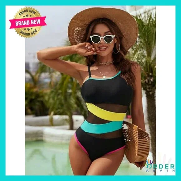 One Shoulder Mesh One Piece Swimsuit Slimming Retro Elegant Chic - Picture 3 of 7